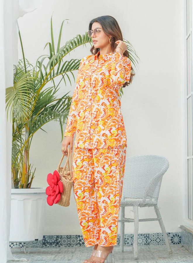 دي دبليو طقم منسق من قميص وبنطال بطبعة زهور للنساء